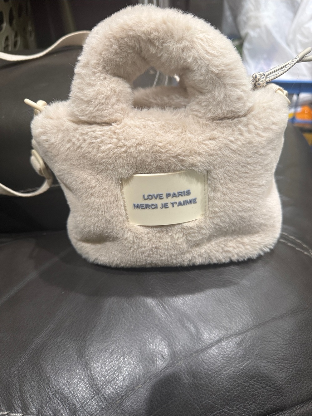 Plush Mini Tote Bag in Light Beige with Top Handle